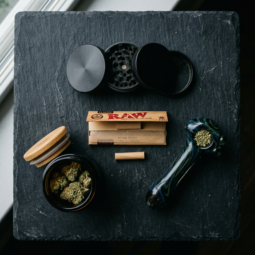 Flat lay of a metal herb grinder, rolling papers, glass pipe and storage jar on slate