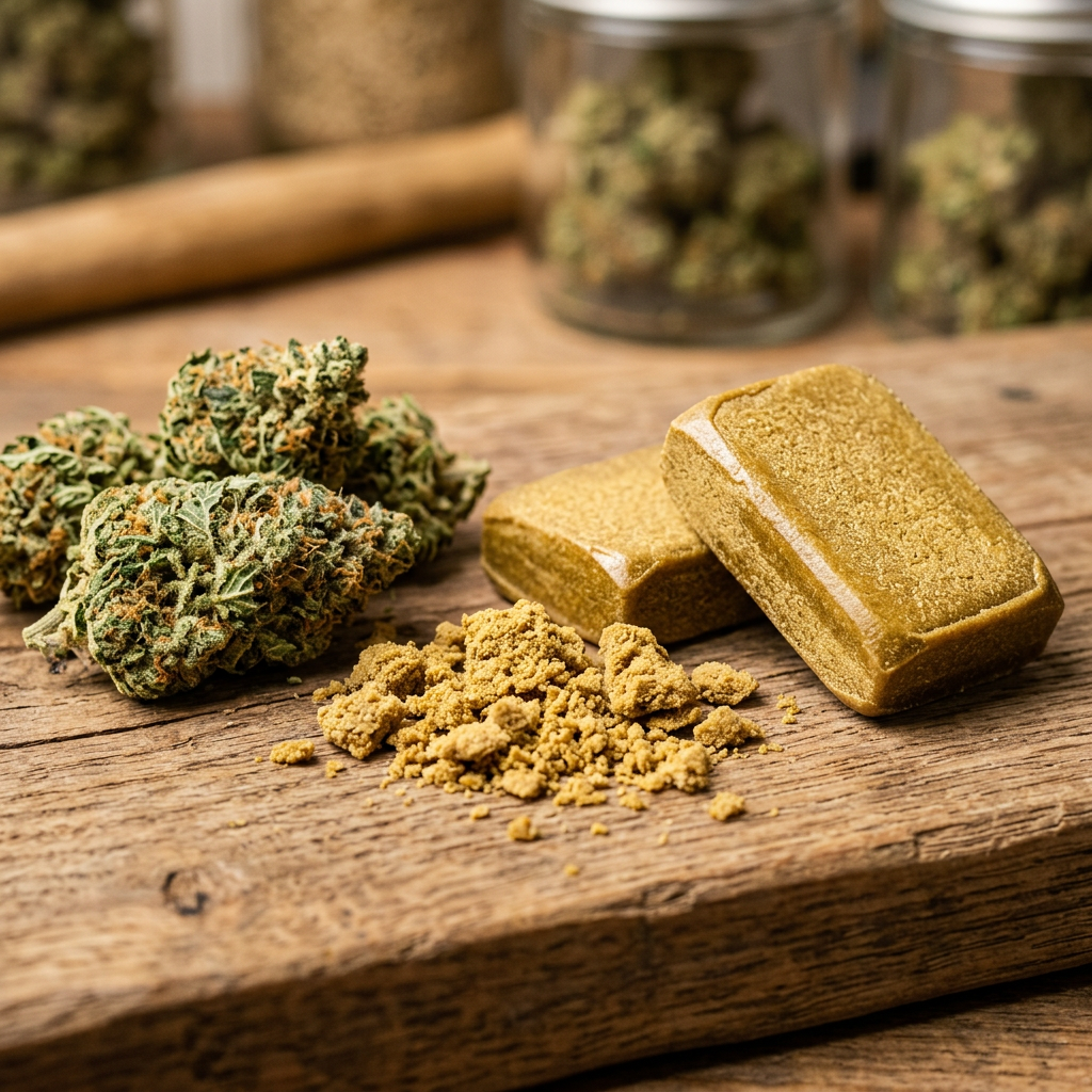Blonde hash bricks and crumbled pieces beside cannabis flower on a wooden board