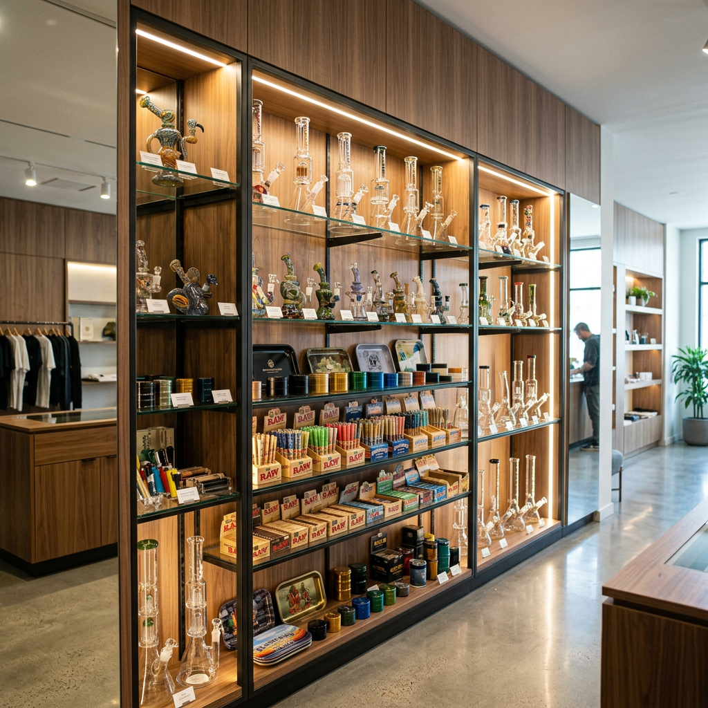 Display wall of glass bongs, grinders and rolling papers in a modern Ottawa smoke shop