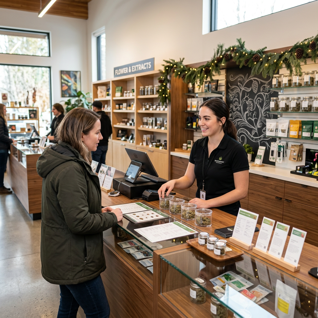 Budtender helping a customer inside a bright Canadian cannabis store during the holidays