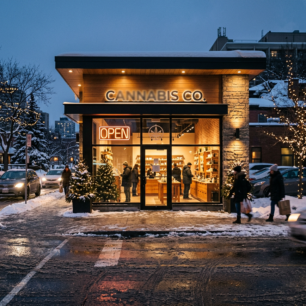 Ottawa cannabis dispensary storefront at dusk with a glowing open sign