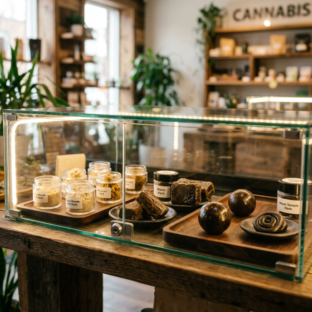 Assortment of blonde hash, dark hash, and temple ball hash in a dispensary display case