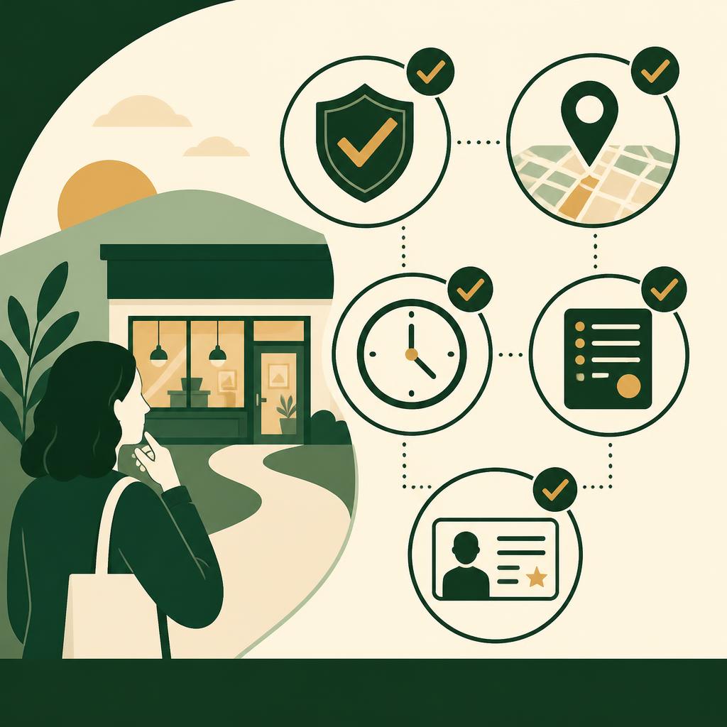 Illustrated checklist for checking a cannabis store address, hours, menu, ID, and authorization