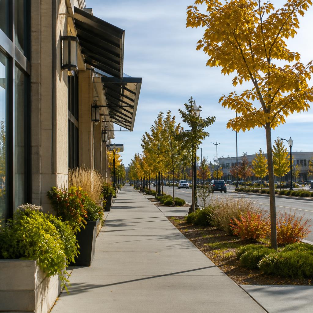 An autumn view of a suburban shopping corridor in Ottawa's west end