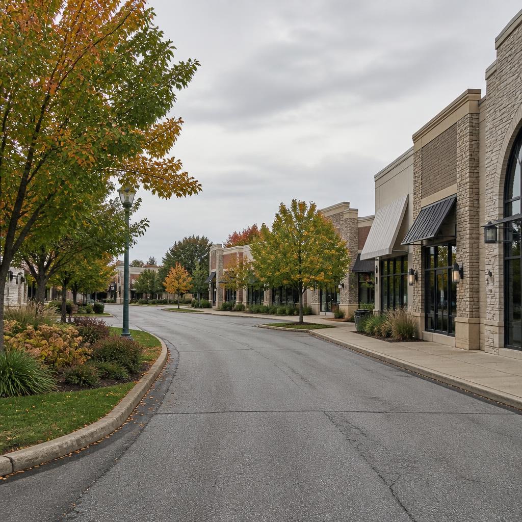 A quiet autumn streetscape in an Ottawa east suburban retail area