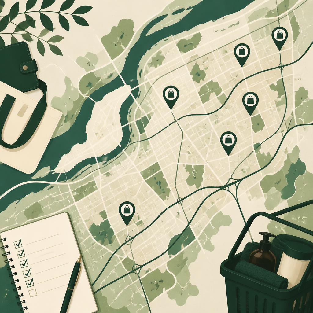 An abstract editorial map illustration showing retail locations and route choices